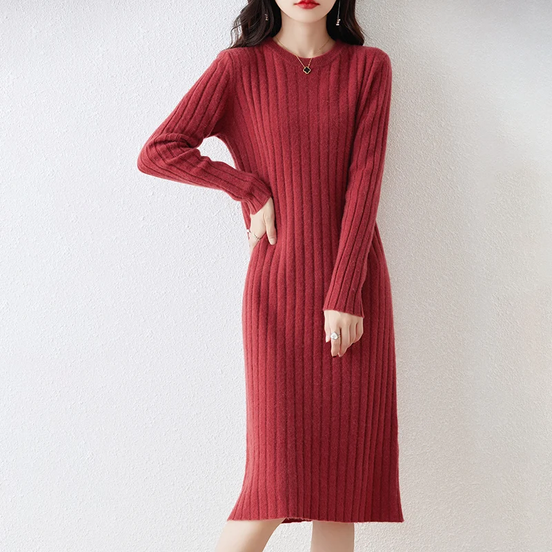 100% Pure Wool Knit Dress Women\'s Autumn And Winter Slim Knee-Length Dress Sweater Skirt With Bottoming Skirt