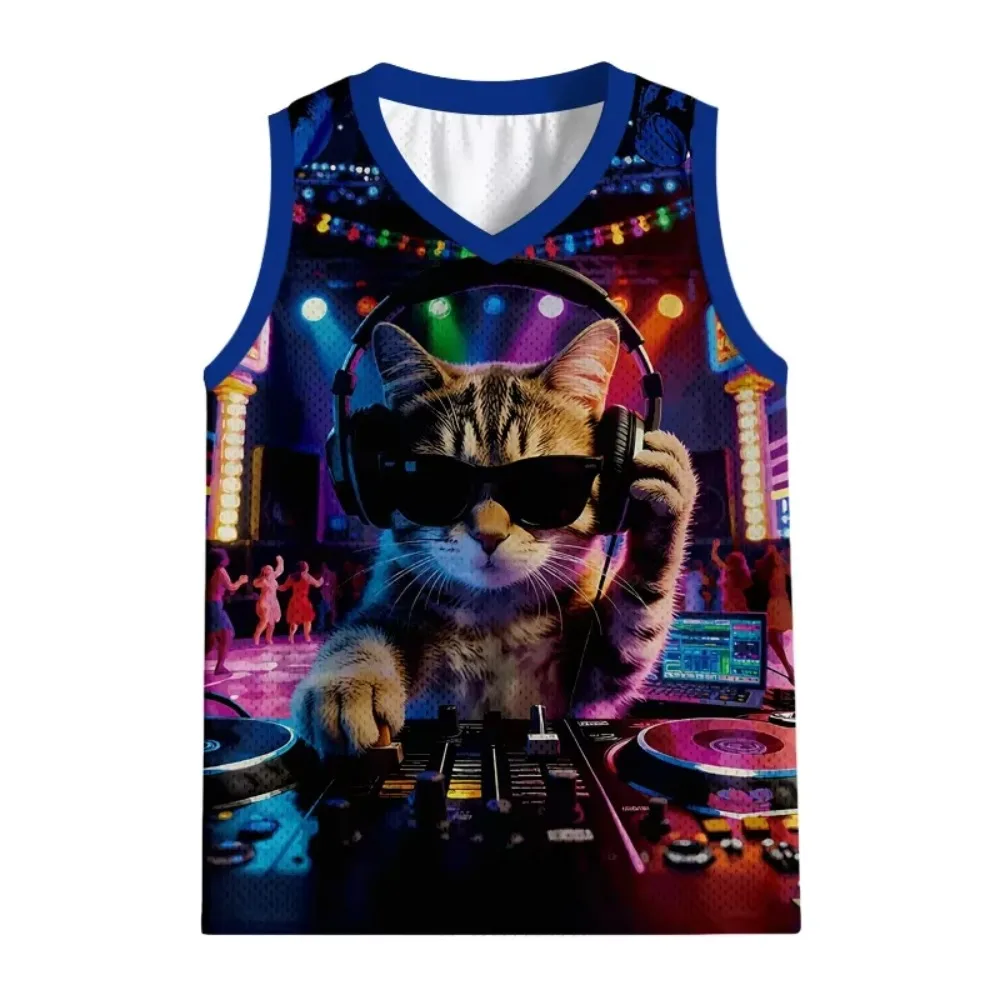 Fun DJ Cool Music Cat 3D Printed Men's Large-sized Vest Trendy Casual Outdoor Fashion Breathable Quick-drying Sports Family Vest
