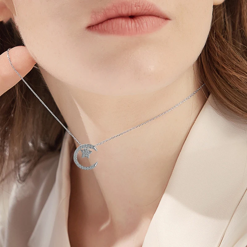 Fashion Elegant Multi Style Moon&Stars Rhinestone Pendant Necklaces Women Jewelry 925 Sterling Silver Zircon CZ Clavicular Chain