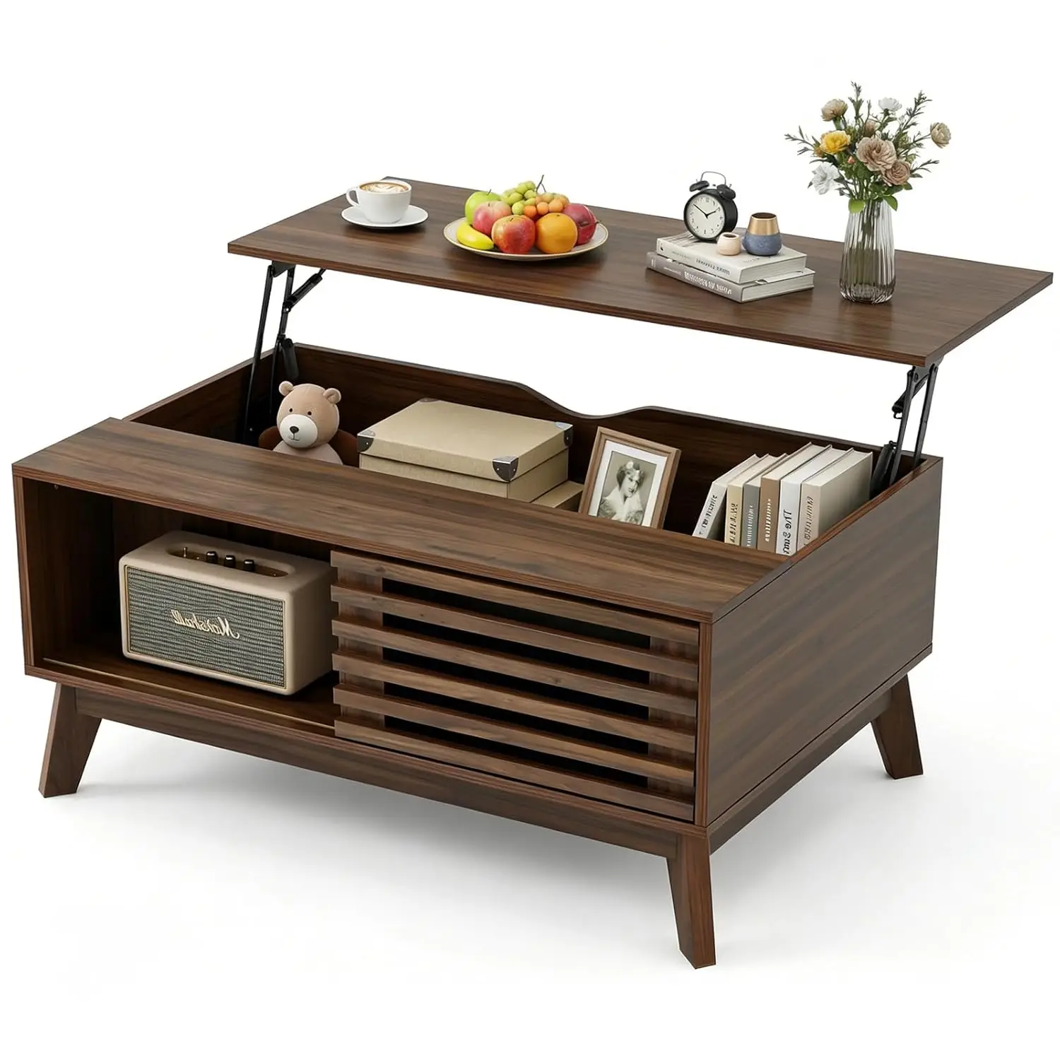 

Lift Top Coffee Table with Storage, 35.4'' Mid Century Modern Wood Rising Center Tables with Slatted Sliding Door, Customized