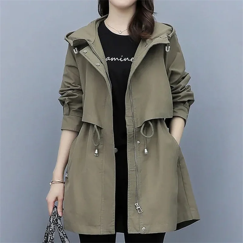 

2024 New Spring Autumn Women Jacket Loose Long Coat Fashion Jackets Hooded Casual Windbreaker Female Overcoat Tops Outerwear