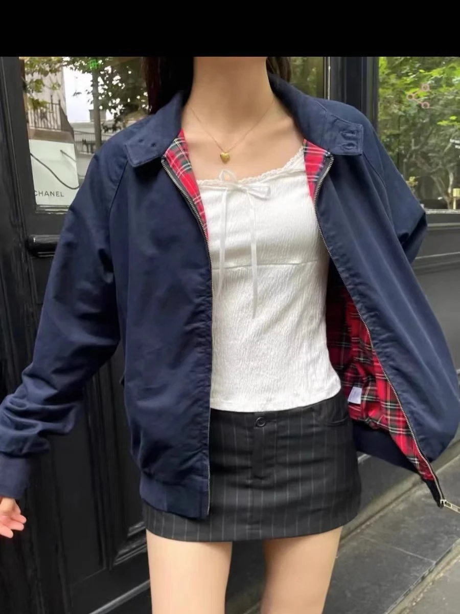 Harajuku Internal Red Plaid Zipper Flight Jacket Women Autumn Cotton Thick Stand Collar Loose Jackets Chic Vintage Y2K Coat Tops