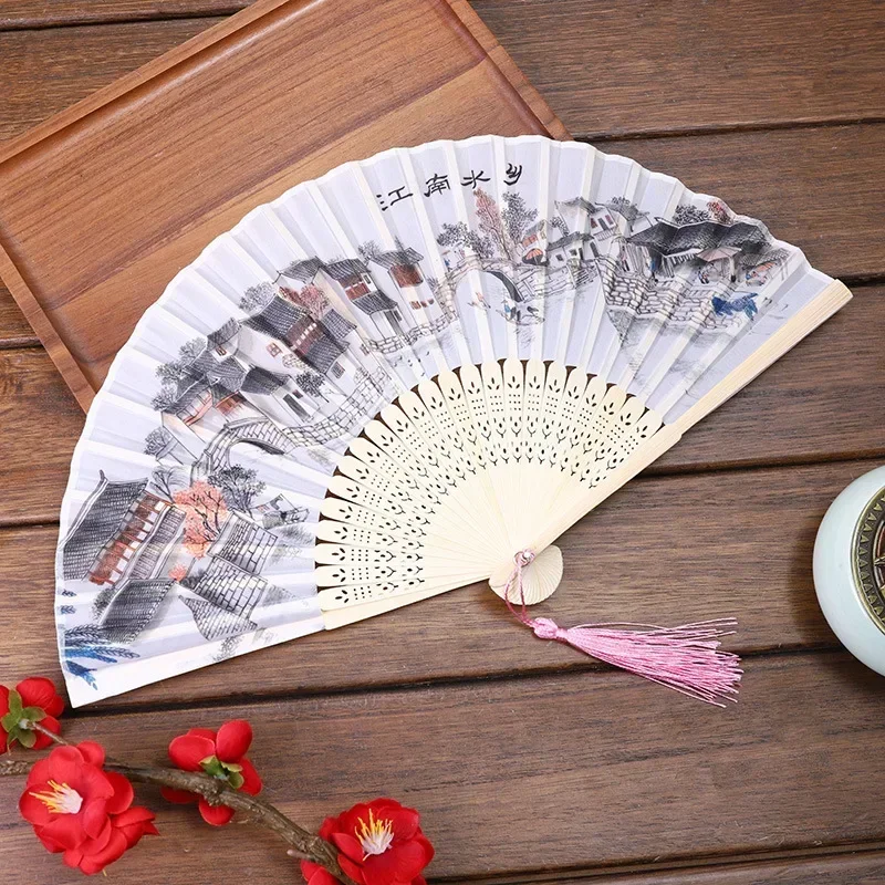 Chinese Style Folding Fan Wooden Shank Classical Dance Fan Male Portable High Quality Tassel Home Decoration Photo Props Cosplay