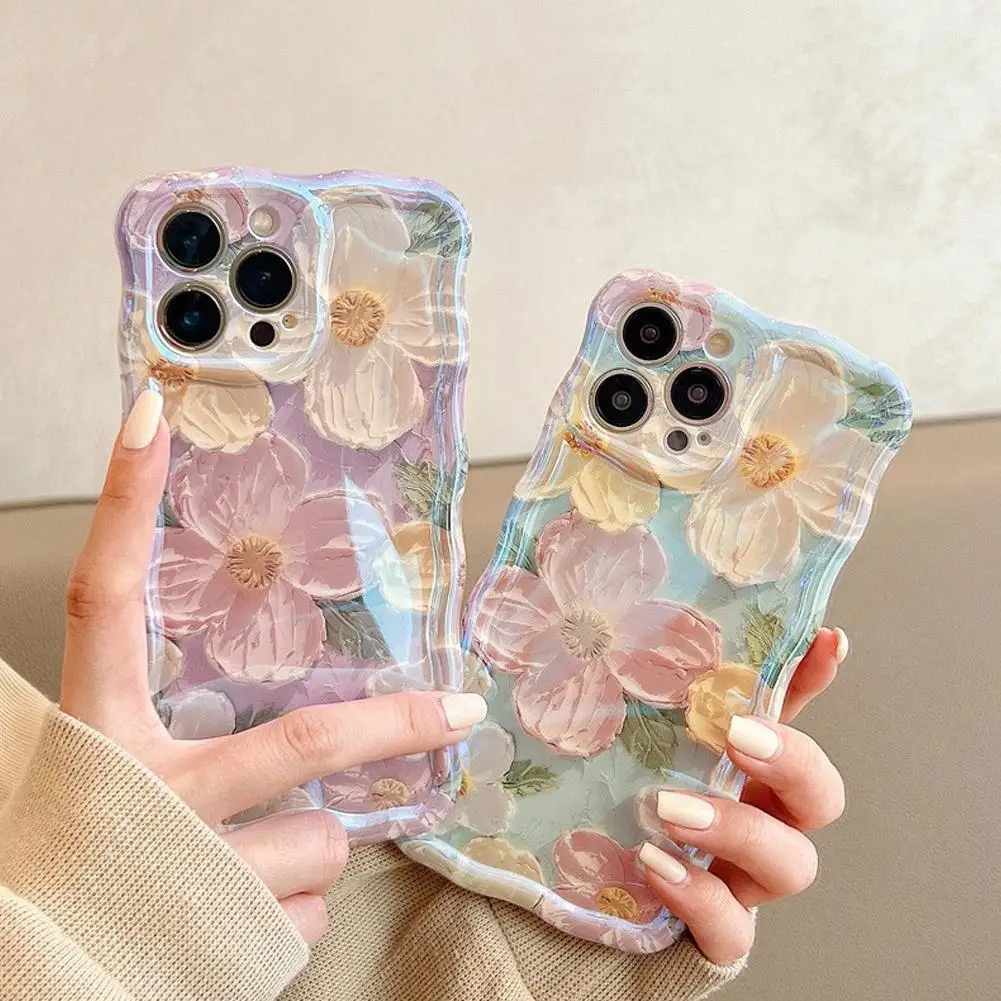 

Case for iPhone 15 Pro iPhone 15 Colorful Retro Oil Painting Flower Pattern Cute Curly Wave Frame Phone Case for Girls Women