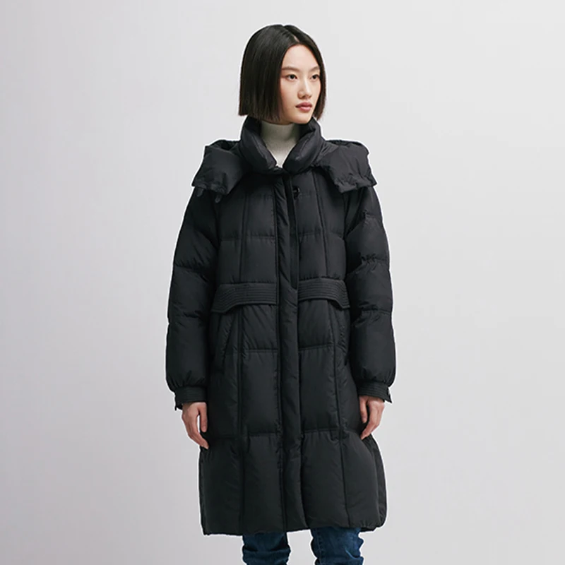 Chericom Women's Long Black Down Coat 90% Duck Down Filling With Detachable Hood Cinched Waist Design Warm Puffer Coats Y298092Y