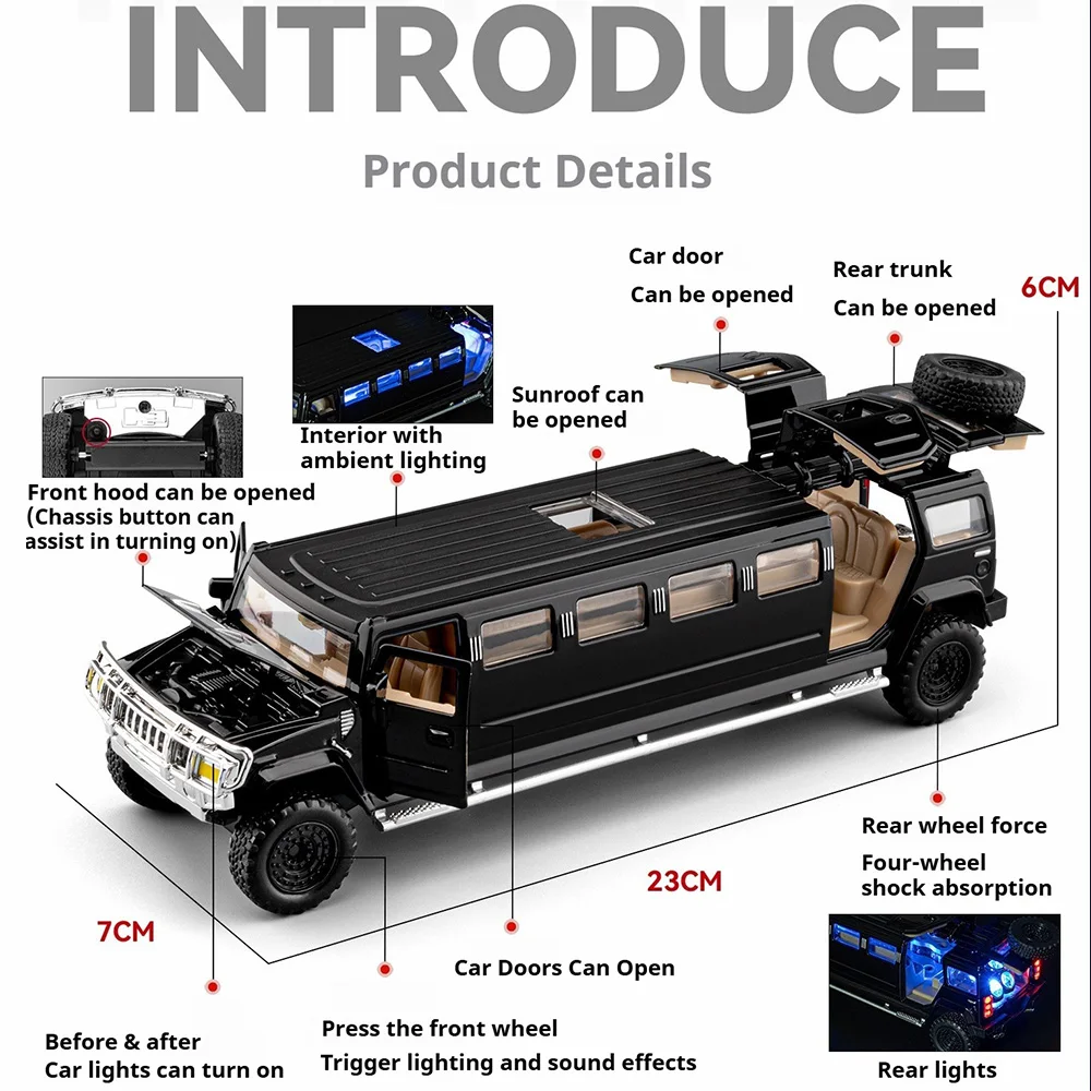 1:32 H2 Alloy Diecast Model Toys Car Extended Version Military Vehicle Sound Ligth Pull Back Doors Opened Cars for Childrens Toy