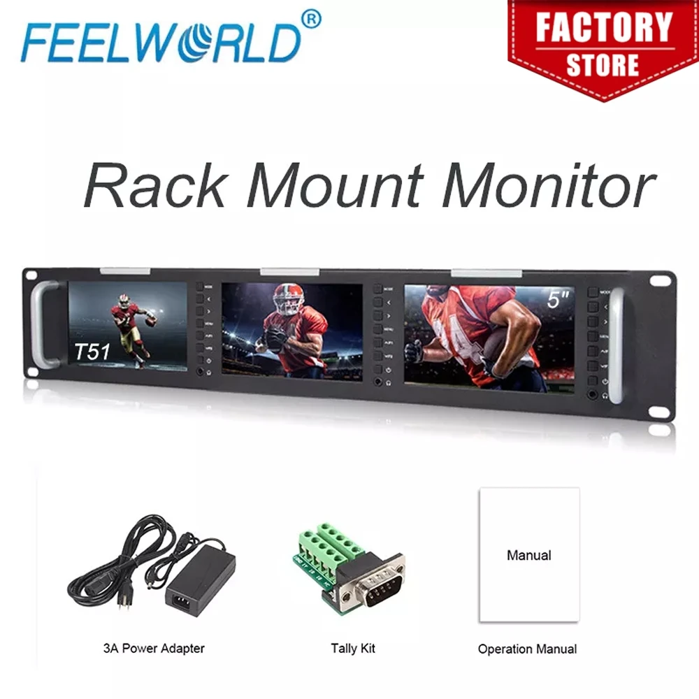 FEELWORLD 5인치 트리플 2RU 방송용 LCD 랙 마운트 모니터 T51 – 800×480 해상도, 3G-SDI, HDMI, AV 입출력 지원