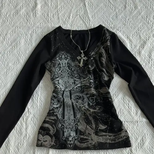 여성용 아메리칸 레트로 디자인 타이 염색 블랙 프린트 티셔츠, 순면 V넥 긴팔 티셔츠, 고딕 탑, 가을 신상