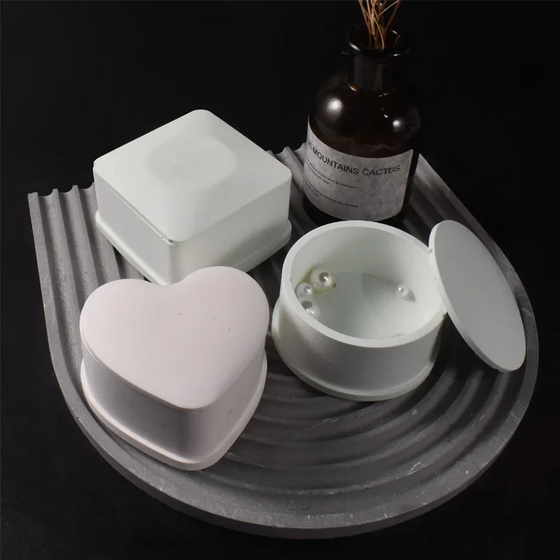 Heart-Shaped with Cover Candle Cup Silicone Mold Square Round Cement Plaster Storage Jar Pottery Resin Mould Concrete Decor