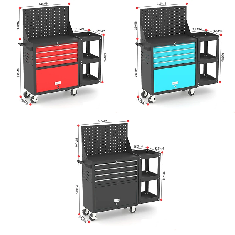Workshop Utility Tool Cart with Lockable Drawers, Cabinet & Attached Detachable Side Organizer