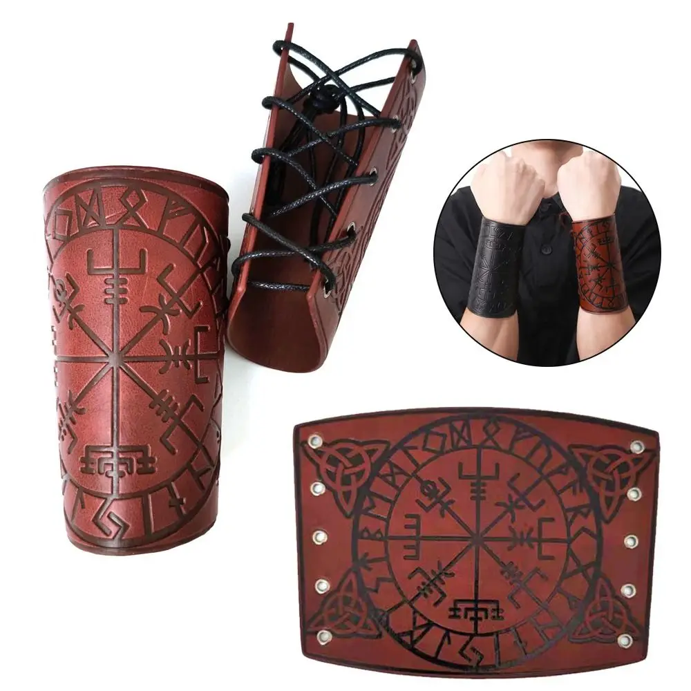 Embossed Compass Runes Viking Odin Symbol Bracelet Leather Nordic Wrist Elbow Pad Punk Wristband Wrist Bracelet