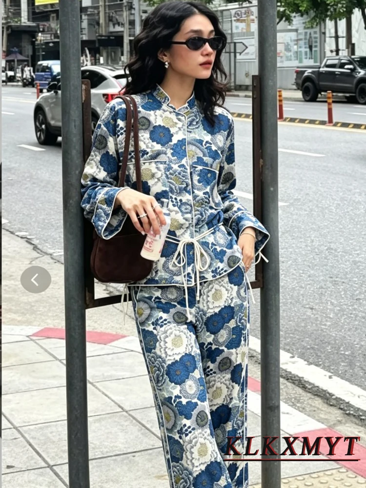 Women Chic Casual Flower Print Sets Fashion Long Sleeve Loose Lace Up Top+ Lace-up Wide Leg Long Pants Women Spring Summer New