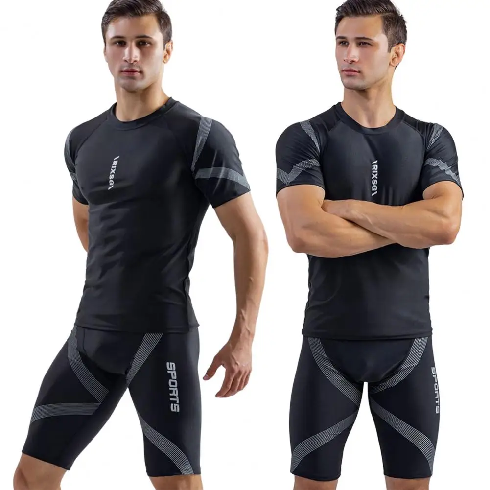 2Pcs/Set Stylish Good Elasticity Anti-pilling Printing Slim Fit T-shirt Swimming Trucks Set Swimming Pool Clothing