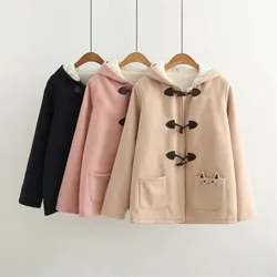 Japanese Winter Warm Hooded Jacket Kawaii Girl Cartoon Woolen Pocket Embroidery Cat Horn Buckle Coat Thick Wool Mori Girl Hoodie