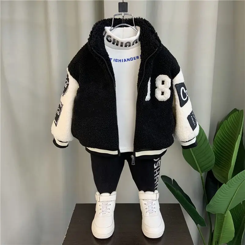 Autumn and Winter Boys\' and Girls\' Thickened Jacket 2023 New Children\'s Warm Jacket Teenage Girls\' Lamb Baseball uniform