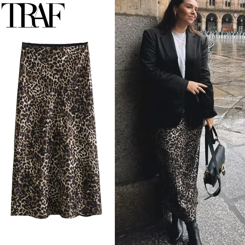 TRAF Skirts Woman Leopard Print Midi Skirt High Waist Vintage Long Skirts For Women Bow Fall Satin Skirt Elegant Women\'s Skirts