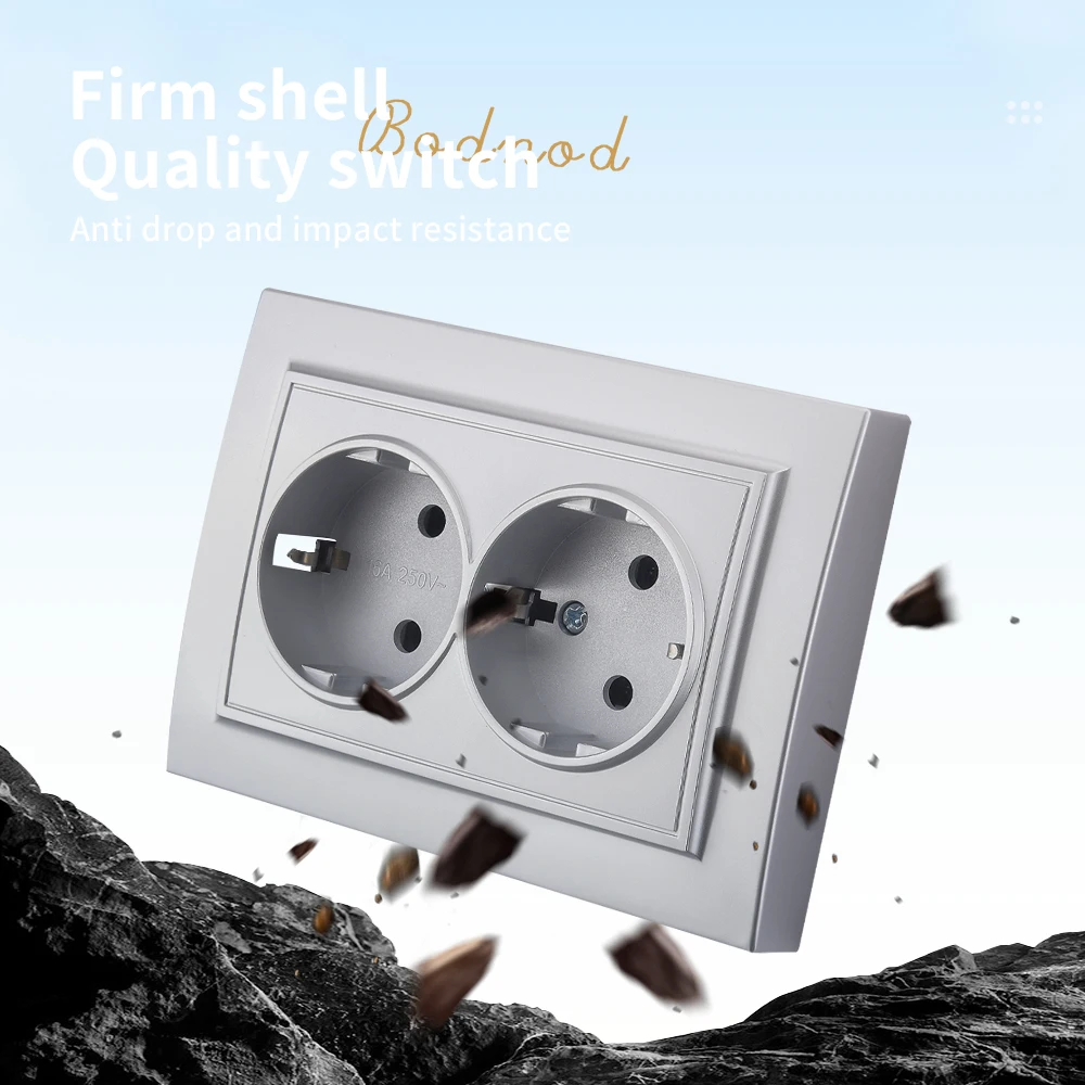 WESA Silvery Power 2 Socket EU Electrical Outlett With Ground Wall Socket Plugs Flame Retardant Spray Paint Plastic Embed Socket