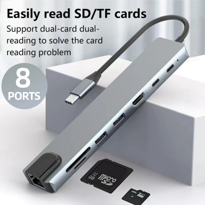 

USB C HUB Type C Adapter with 4K -Compatible 87W PD C 8 Port Docking Station for Pro Air USB C Laptop-ABVP