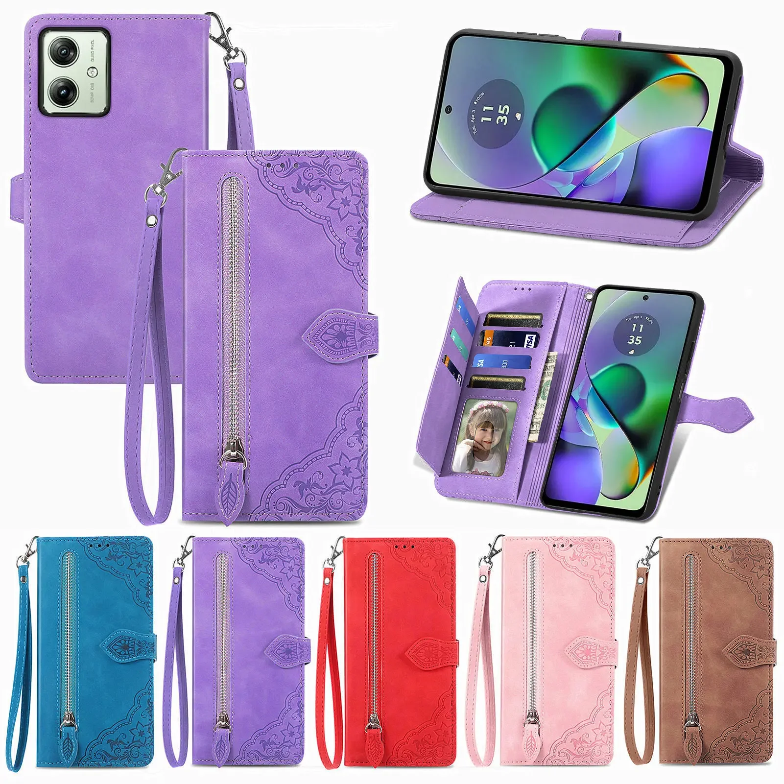 

Zipper Cards Solt Leather Wallet Case for Motorola Moto G84 G54 G73 G53 G23 G72 G32 G60 G42 G52 Purse Pocket Stand Flower Cover