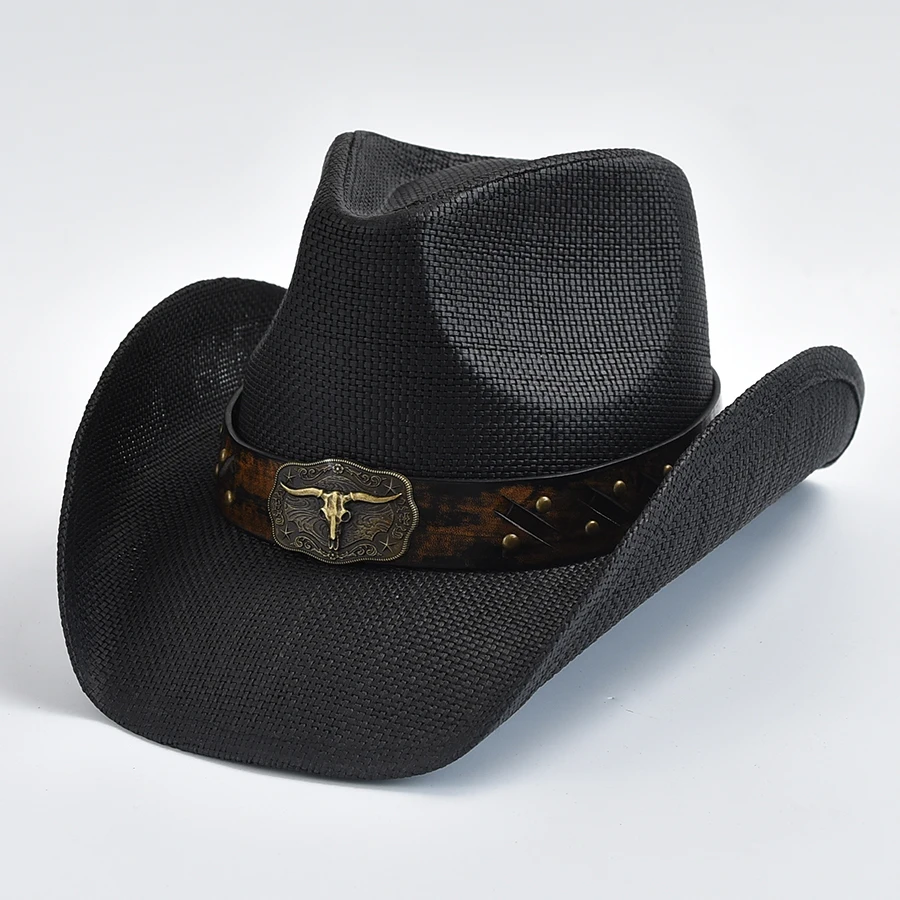 Thickened Straw Hat for Men\'s Curled Edge Vintage Western Cowboy Hat Summer Beach Sun Hat Sombrero Hombre