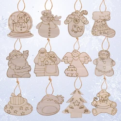 12Pcs Wooden Angel/Snowman/Bear HangingPendant Christmas Tree Decor Ornament For Noel Party Supply Xmas DIY Painting Gifts