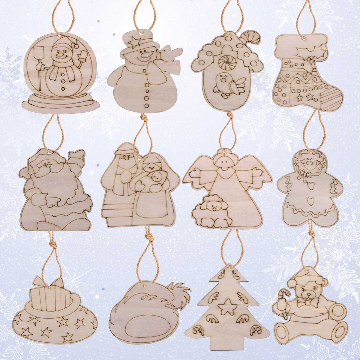 12Pcs Wooden Angel/Snowman/Bear HangingPendant Christmas Tree Decor Ornament For Noel Party Supply Xmas DIY Painting Gifts