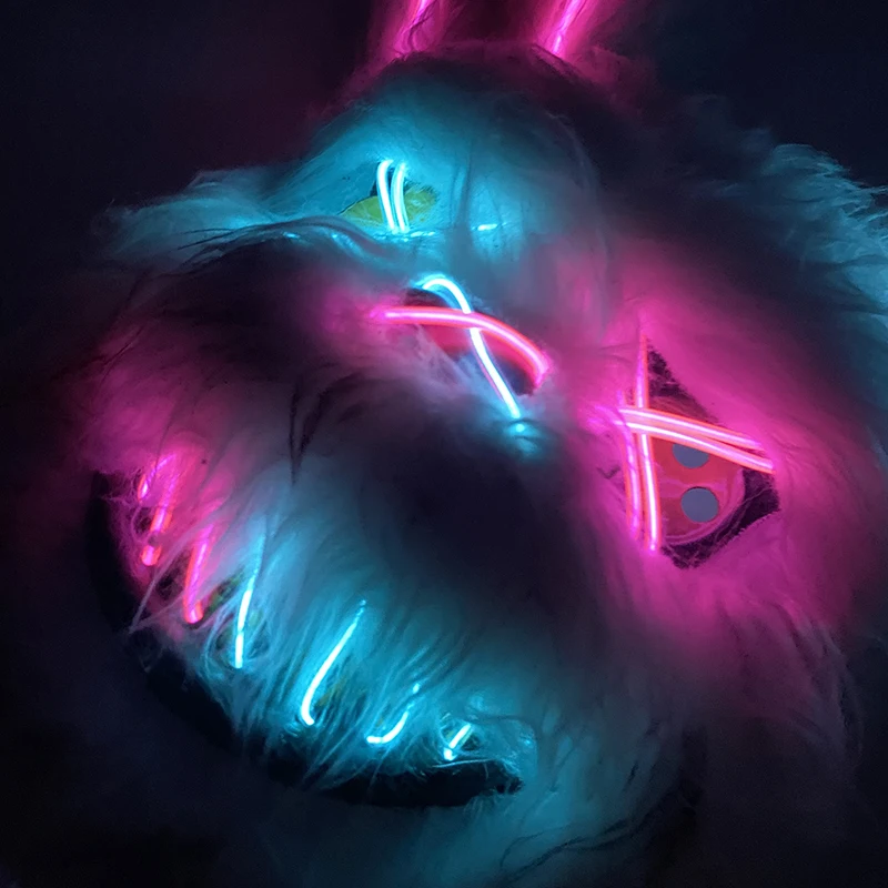 Halloween Rabbit Full Face Mask Plush Headgear Cosplay Bloody Rabbit Long Ears Bunny Mask Luminous LED Light Flashing Mask