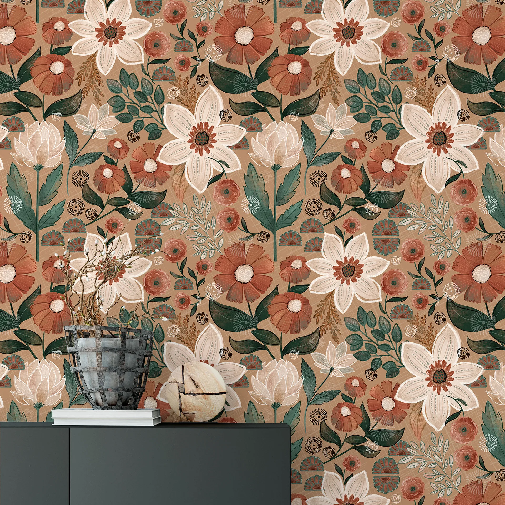 Floral Peel and Stick Wallpaper Vintage Large Flower Self Adhesive Wallpaper for Bathroom Boho Removable Leaf Contact Paper