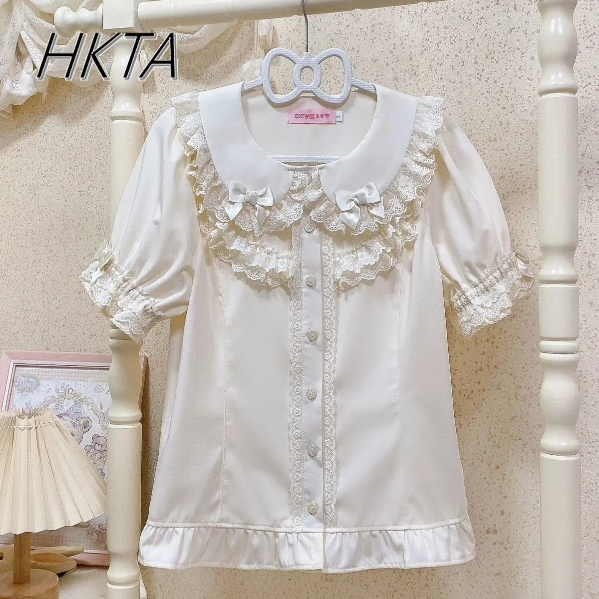 

Lolita Bubble Short Sleeves Doll Collar Bow White Blouse Women Summer Medieval Cute Sweet Lace Soft Girl Pink Shirts Top Ladies