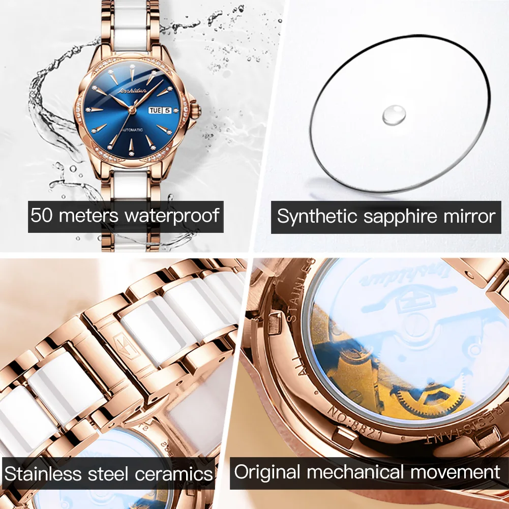 JSDUN Luxury Original Automatic Mechanical Watch for Women High Quality Ceramic Lady Wrist Watch Elegant Fashion Women\'s Watch