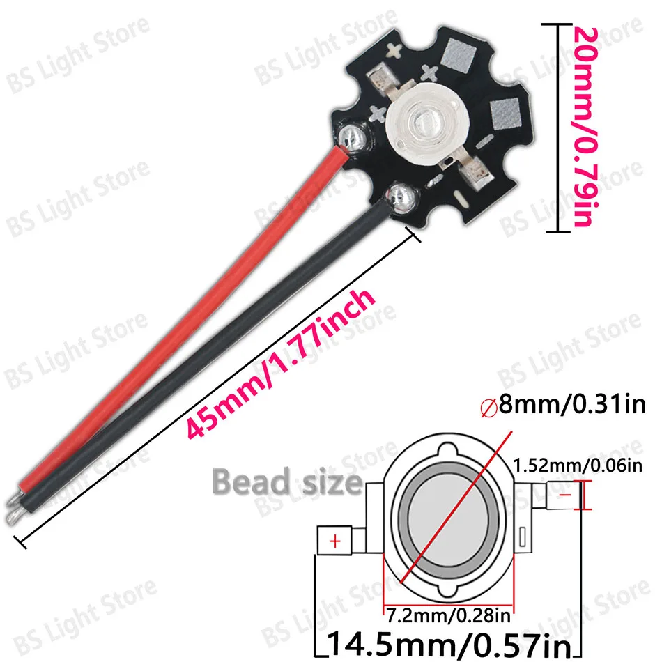 1-10 Stück 1W 3W Hochleistungs-LEDs in Warmweiß/Kaltweiß/Naturweiß/Rot/Grün/Blau/Echtes Blau mit Kabel, 20mm Stern-PCB-Lichtquelle – Detail 3