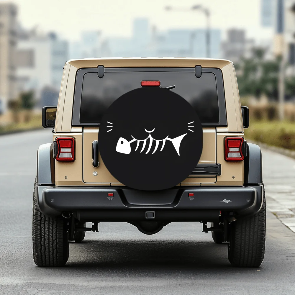 Cute And Quirky Cat Eating Fish Bone Pattern 30/34 Inch Multi-Functional Tire Cover, Suitable For Jeeps, Trailers, RVs, SUVs, Tr