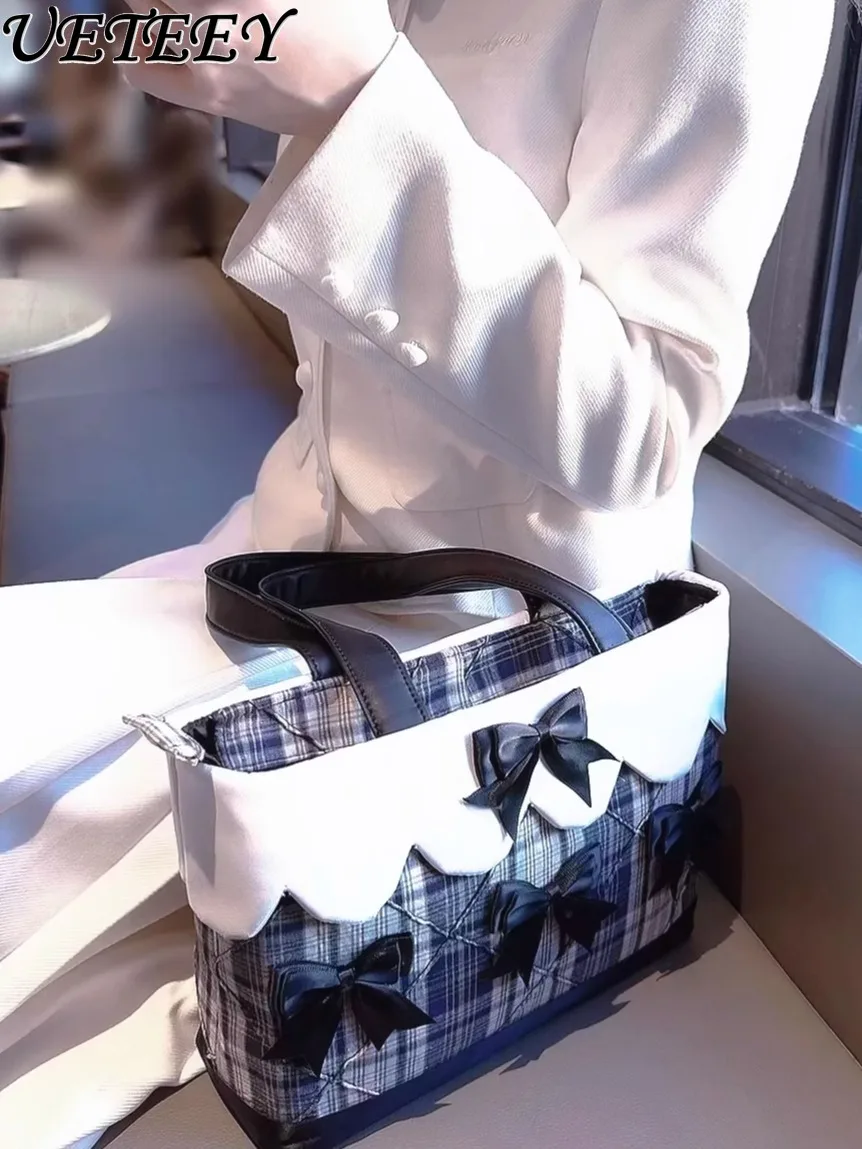 

Original Japanese Niche Design Quilted Bow Handbag Sweet Girls Versatile Bags Outing Shopping Travel Makeup Bags for Women