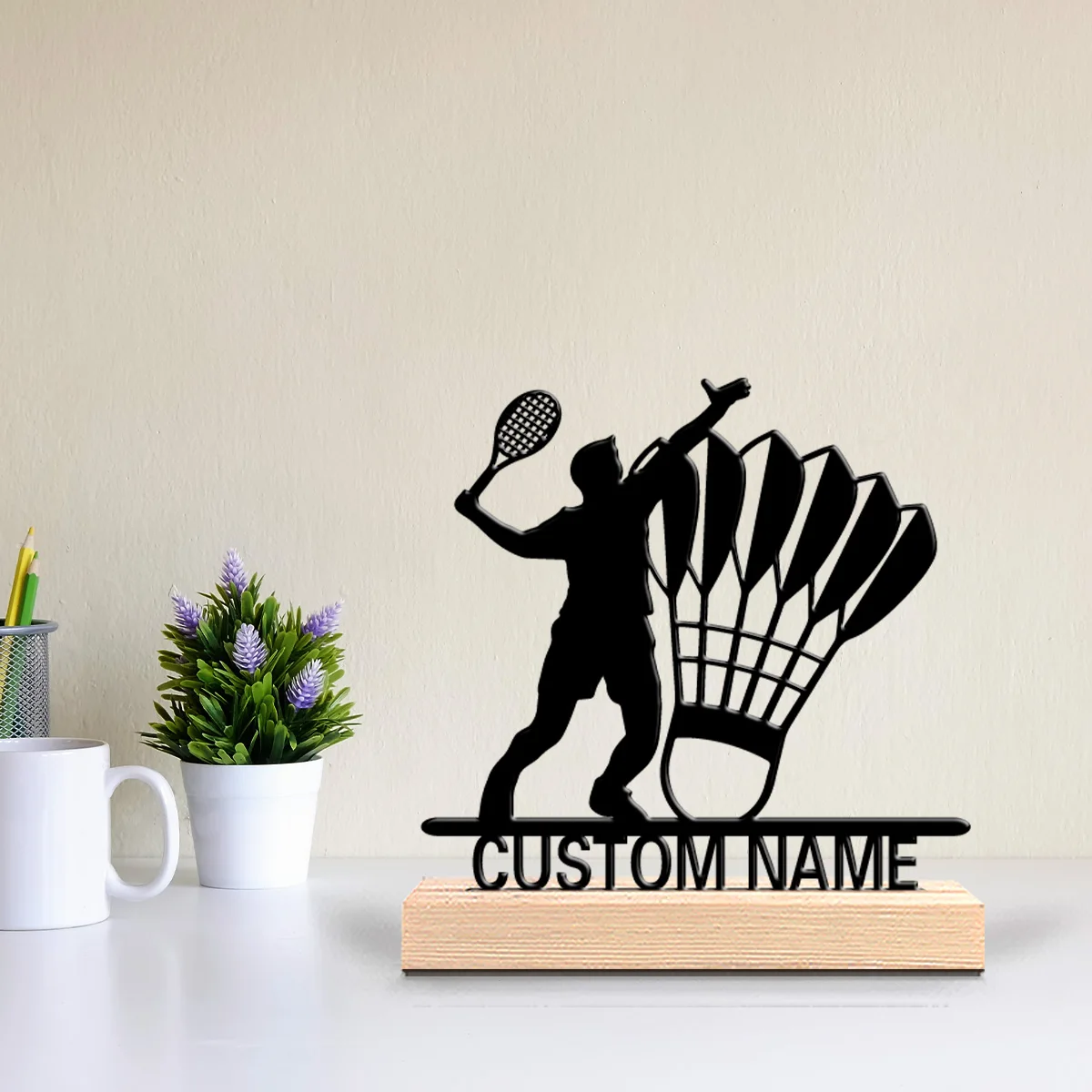 1pc Badminton expert Metal Statue Iron Ornament Customized Text Art Figurine With Wood Base Metal Ornament Home Table
