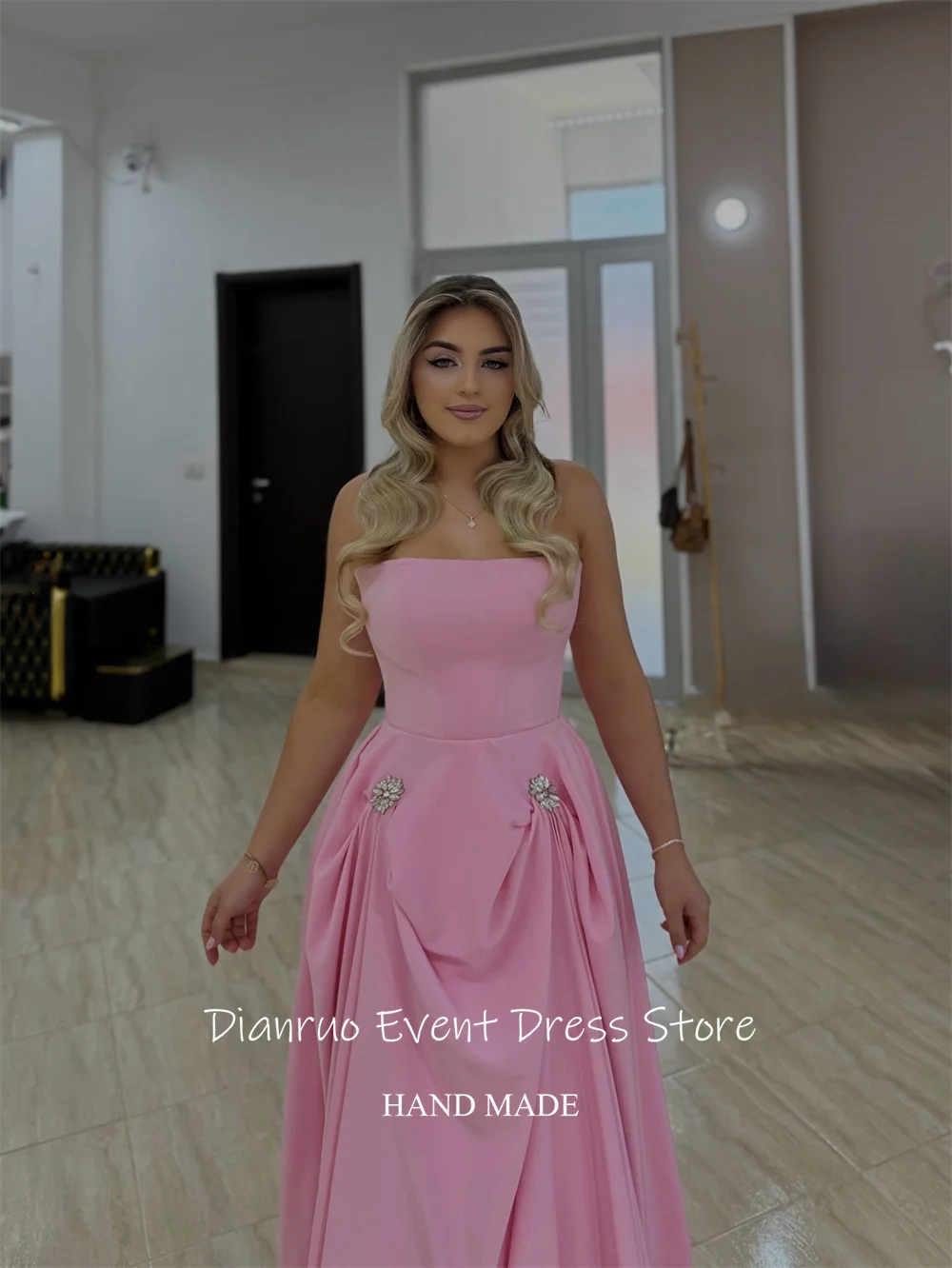 Dianruo – robe De soirée trapèze en Satin, longueur au sol, sans bretelles, robes d'invitées De mariage, rubans chics, personnalisée