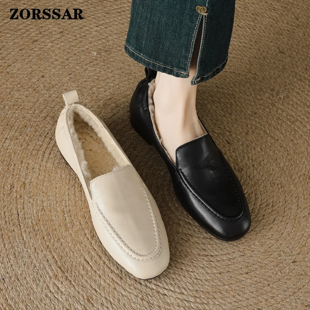 الشتاء حذاء مسطح امرأة 2025 جديد أفخم بطانة الدافئة النساء أحذية الثلوج جلد طبيعي مريح عادية الإناث الشتاء المتسكعون