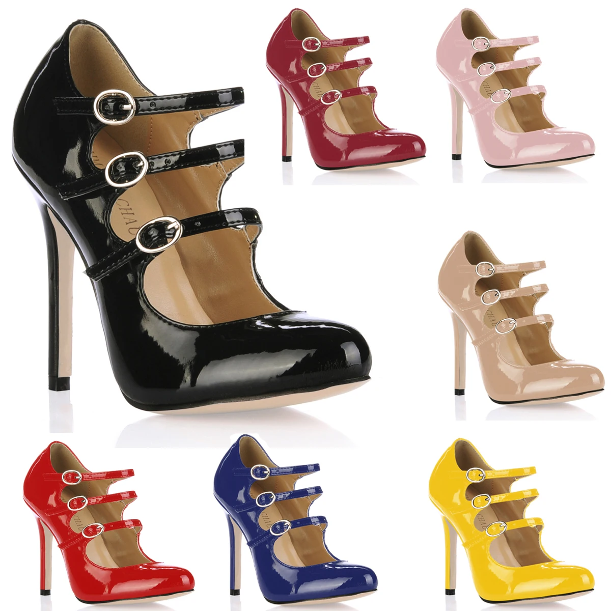 

Patent Party Round Toe Stiletto High Heel Buckle Straps Women Pumps Chaussure Escarpins Femmes Bout Rond Talon Haut 0640C-b