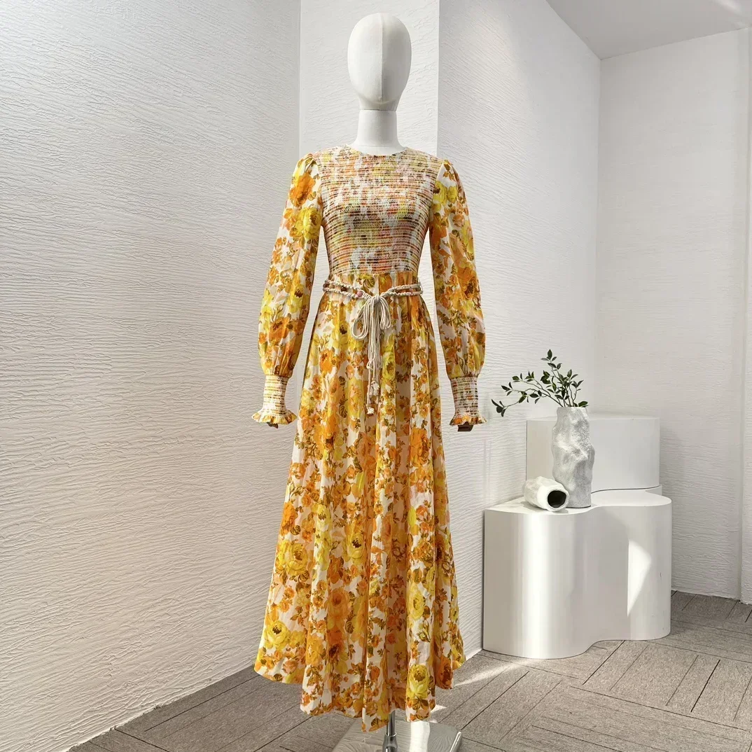 

2023 Yellow Top Quality New Spring Summer Linen Floral Printing Shirred Long Lantern Sleeve Beading Woman Midi Dress