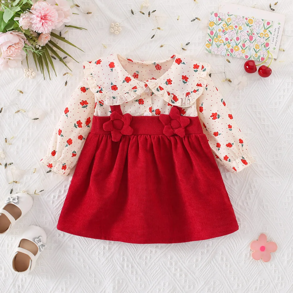 

Autumn and Winter New Girls' Dress Lapel Flower A-line Dress Fake Two Corduroy Flowers Sweet Princess Dress New Year Girl Baby