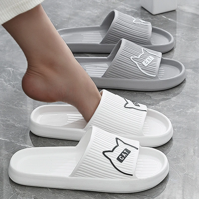 New Trend Summer Cartoon Cat Couple Home Shoes Non-slip Flat Slides Lithe Sandals For Women Men Slippers Male Indoor Flip Flops