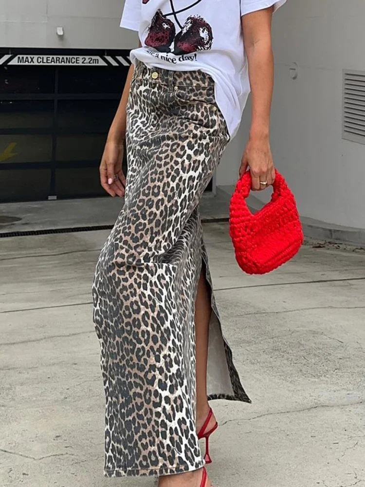 HOUZHOU Women Leopard Print Maxi Skirt Fashion Vintage Harajuku Split High Waist Straight Long Skirt Elegant Casual High Street