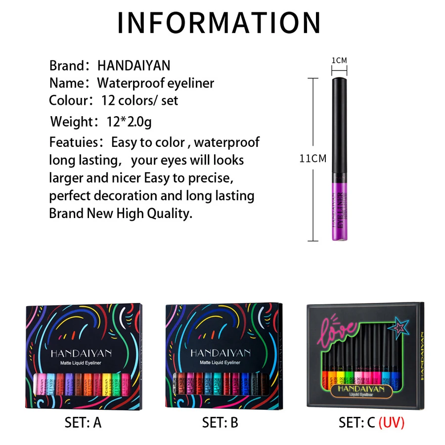 Handaiyan 12 ピース/セットカラフルな液体アイライナー UV 防水蛍光アイライナーフェイスボディペイントペン長期的な簡単に削除