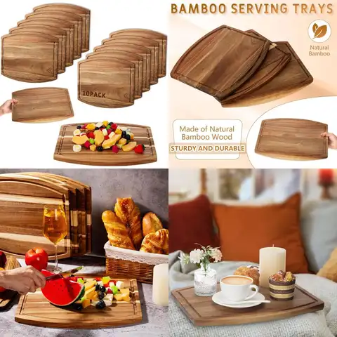 Acacia Wood Cutting Boards Set of 10 for Laser Engraving, Bulk Wooden Dinner Plates with Groove, Charcuterie Boards for Catering