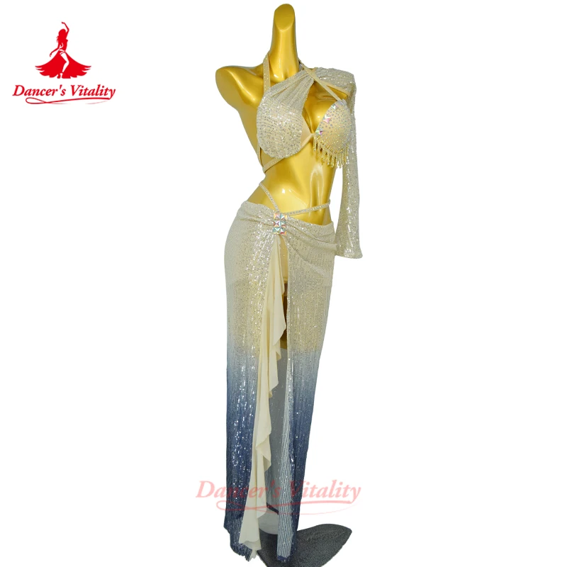 بدلة الرقص الشرقي للنساء AB Stones Fringe الصدرية + تنورة طويلة متدرجة مثيرة 2 قطعة أزياء مسرحية للرقص الشرقي للبالغين