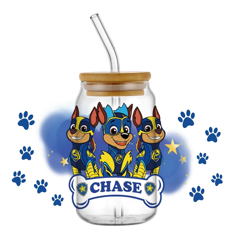 Mininstants-Tasse à café en verre, chien mignon, équipe, dessin animé, chiot, UV, DTF, rond, 16oz, étiez bey, nouveau design, uvdtf, rond,