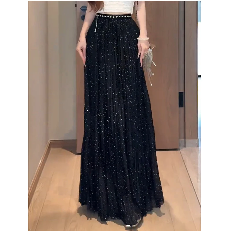 European Style 2025 New Arrival Summer Women Casual Loose A-line Mid-calf Skirt All-match Fashion High Waist Mesh Skirts T104