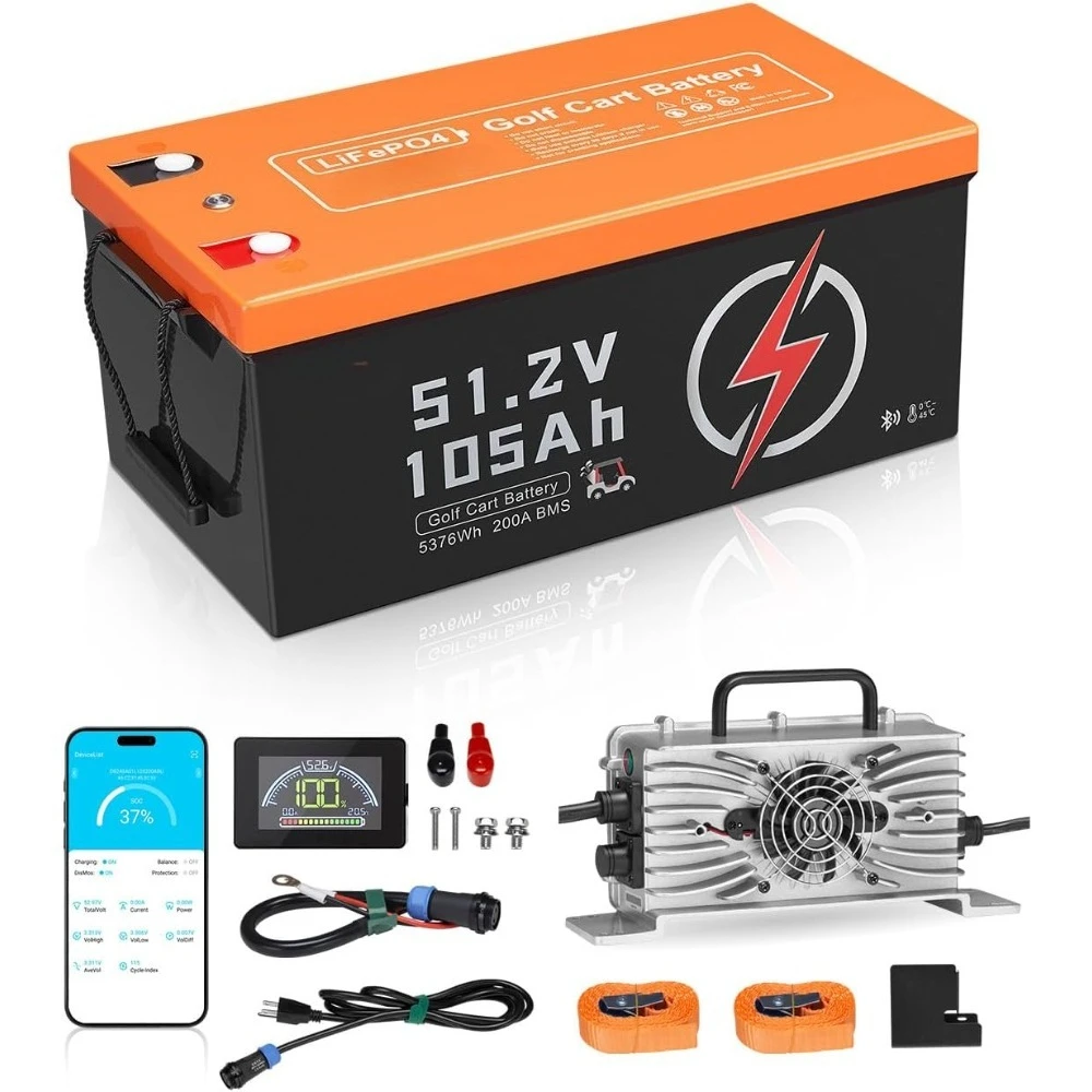 

48V 105Ah Golf Cart Lithium Battery, 48 Volt Golf Cart Battery with 200A BMS, High-Performance LiFePO4 w/ LCD Display & 4000+ Cy