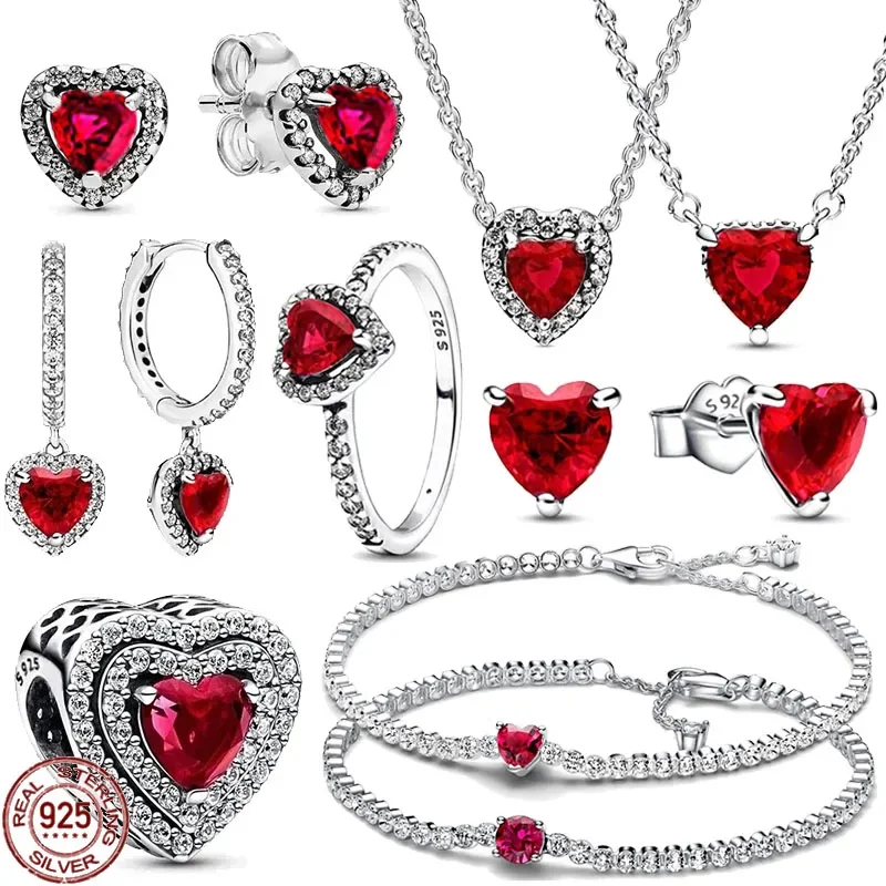 

Brand new 925 sterling silver classic red heart ring necklace bracelet women's engagement and wedding fashion gift