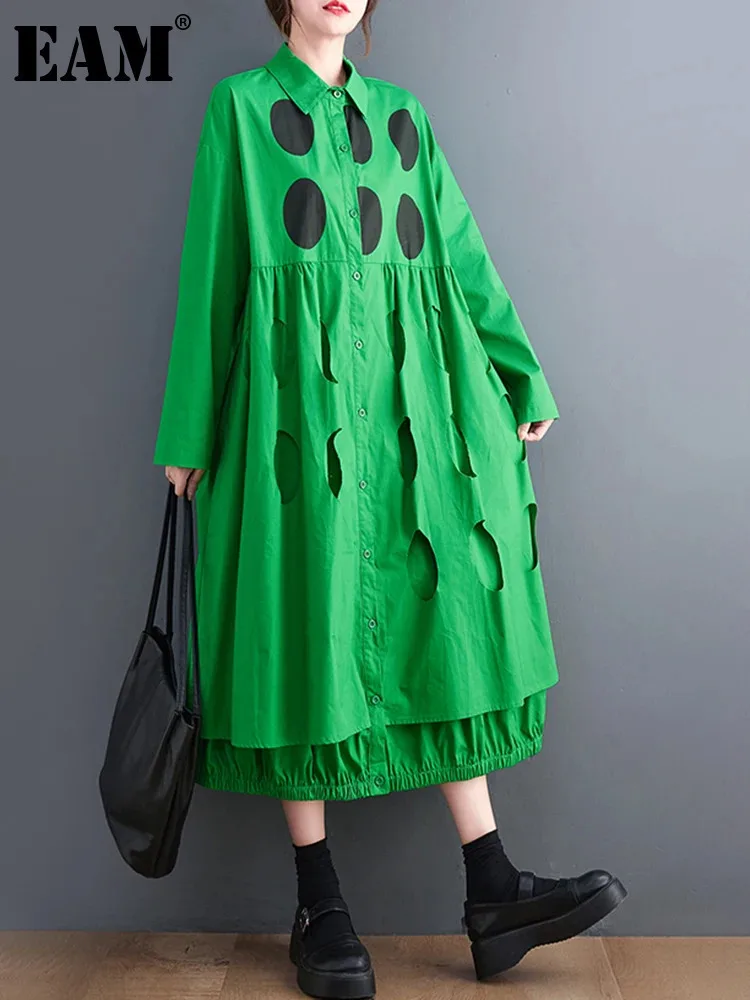 EAM Women Green Big Size Fake 2 Pcs Dot Hollow Out Shirt Dress New Lapel Long Sleeve Fashion Tide Spring Autumn 2025 31A0959