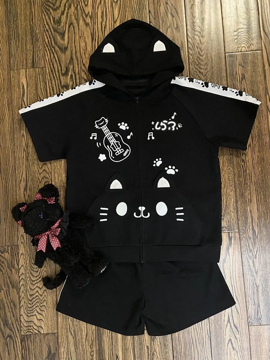

Original Japanese Cute Cat's Ears Short Sleeved Zipper Hoodie + Casual Shorts Anime Two Piece Sets Womens Outifits Y2k Suits
